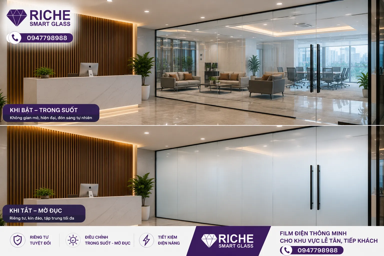 Film điện thông minh cho khu vực lễ tân, tiếp khách RICHE Smart Glass