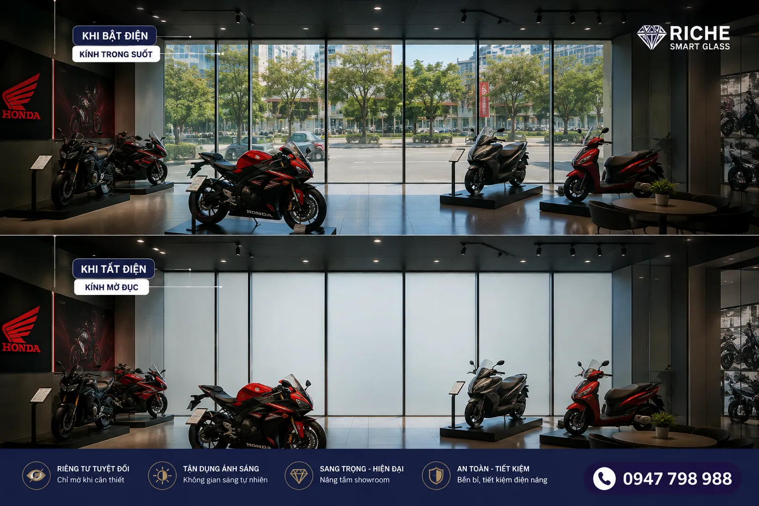 Film điện thông minh cho vách kính showroom triển lãm xe máy