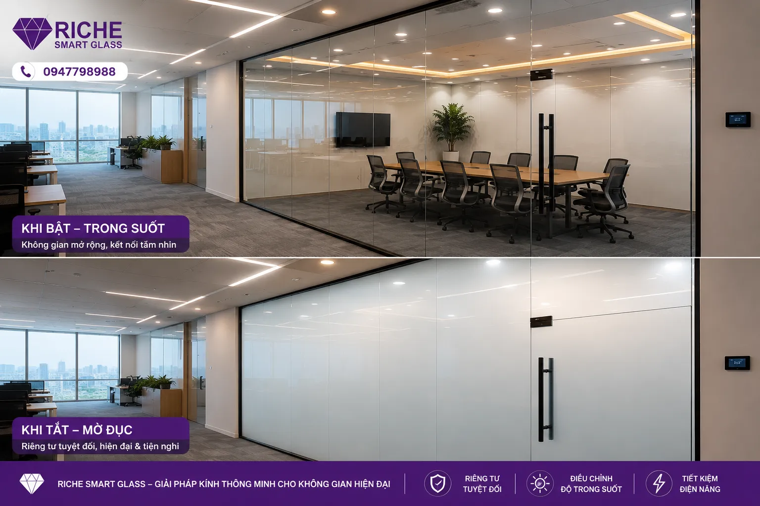 ilm điện thông minh cho vách kính văn phòng RICHE Smart Glass